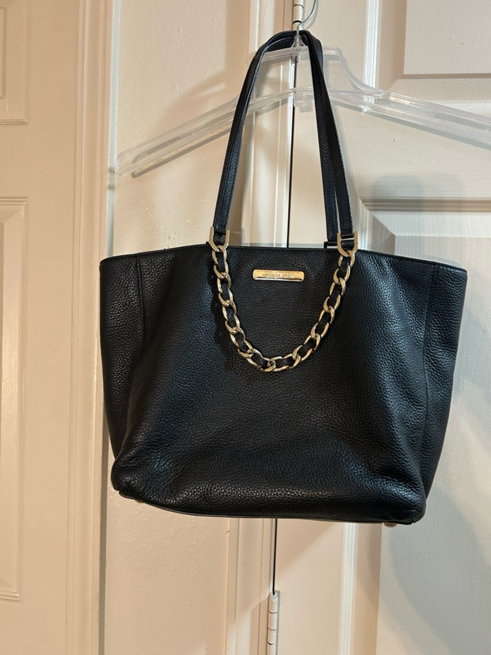 Michael Kors Black Harper East West Pebbled Leather Tote with Gold Chain Accent